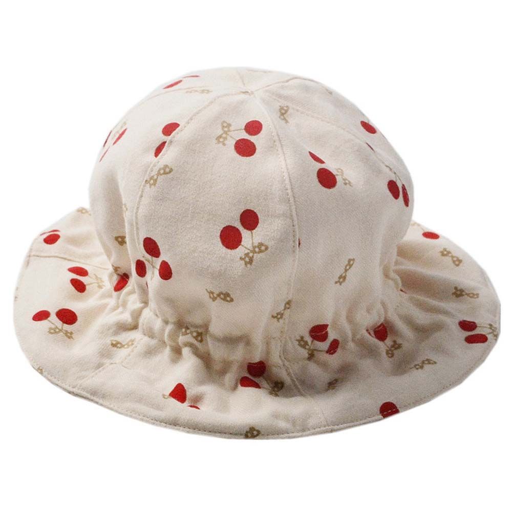 The Girl Cap - Cherries Printed Cotton Bucket Hat - Beige