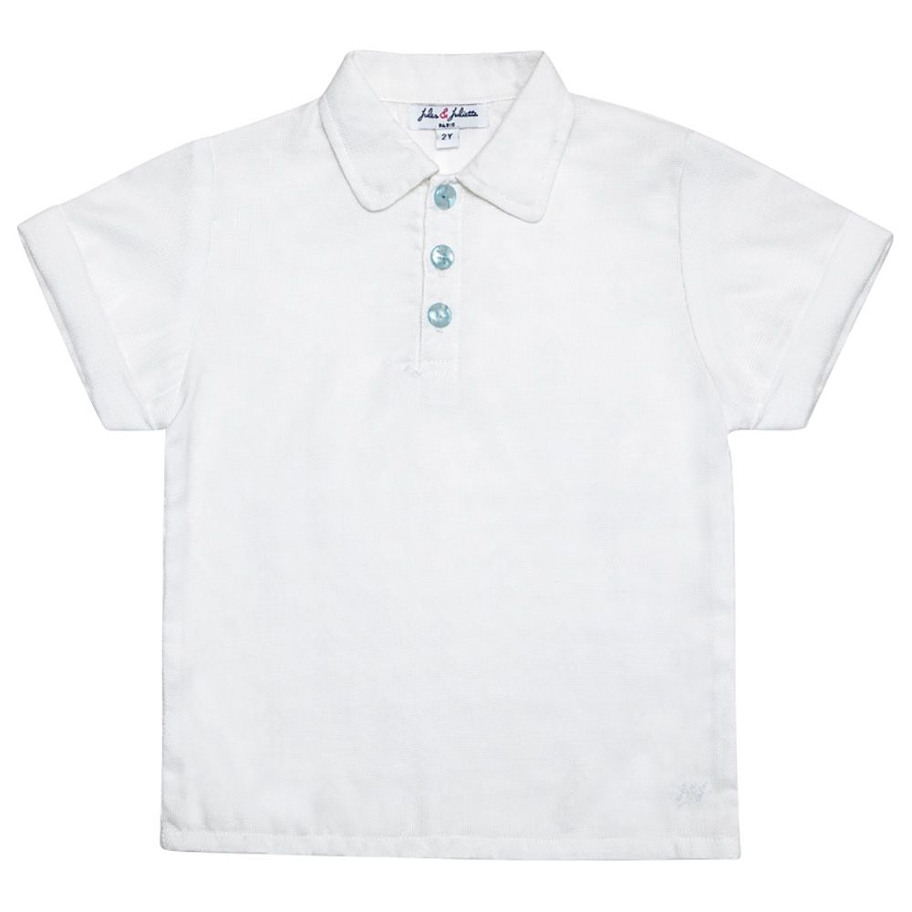 Jules & Juliette - Brandan Baby Polo T-Shirt - White Blue Buttons