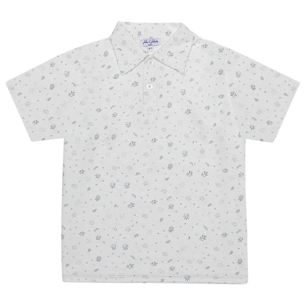 Jules & Juliette - Brandan Baby Short Sleeves Polo T-Shirt - White Grey Leaves