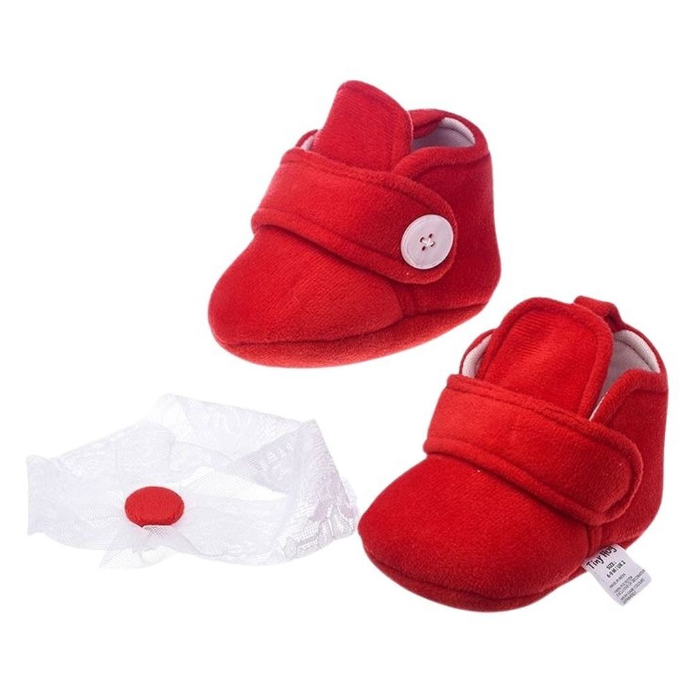 Tiny Hug - Soft & Warm Baby Booties w/ Headband - Red/White