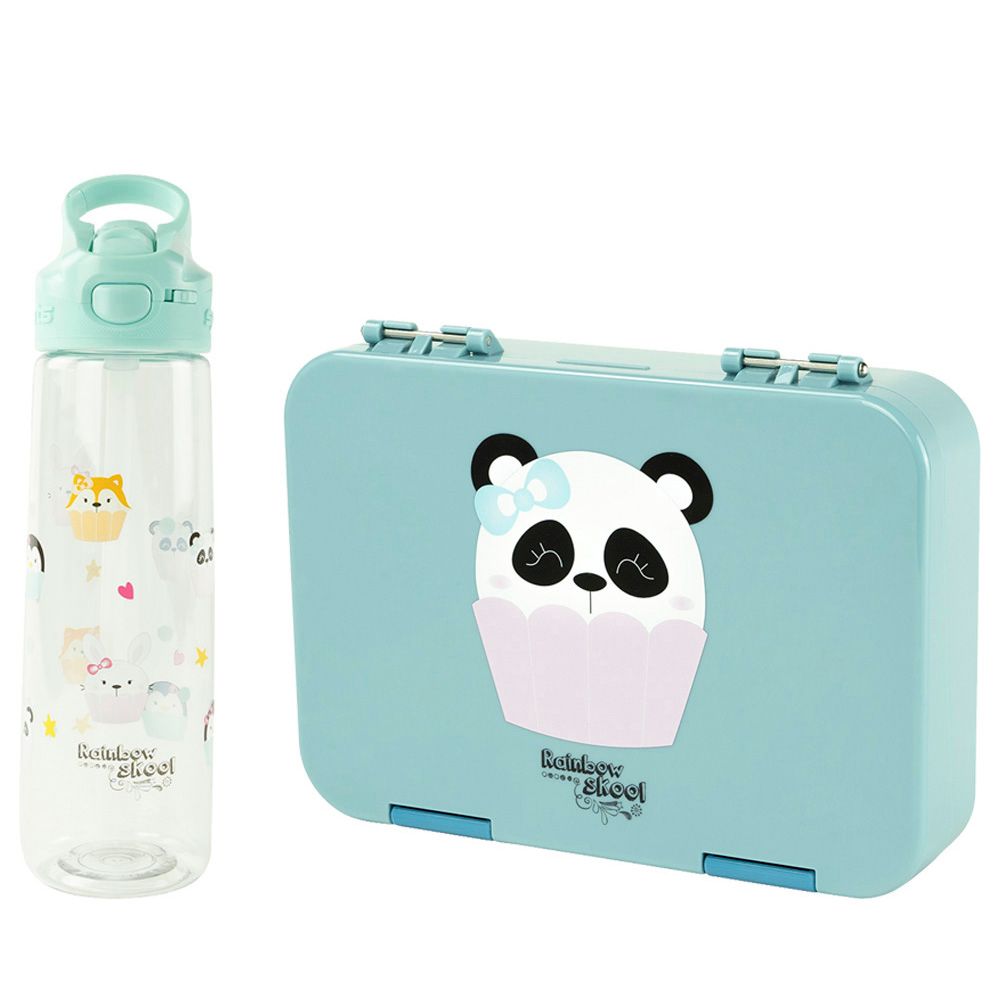 Rainbow Skool - Blue Panda 4/6 Compartment Lunchbox W/ Cute Cup Cake Water Bottle 750ml