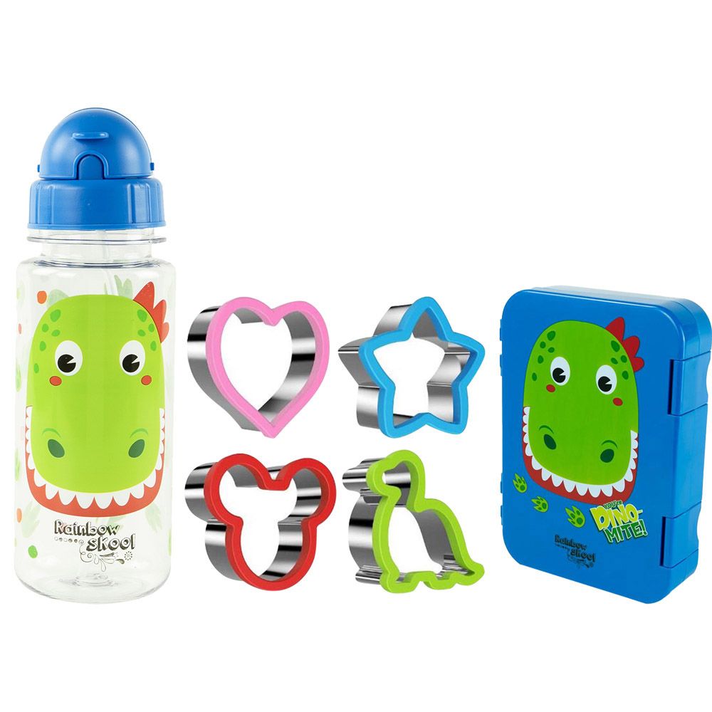 Rainbow Skool - 3pc-Set - Dino 4 Compartment Mini Lunchbox W/ Water Bottles 500ml & 4pcs Sandwich Cutters