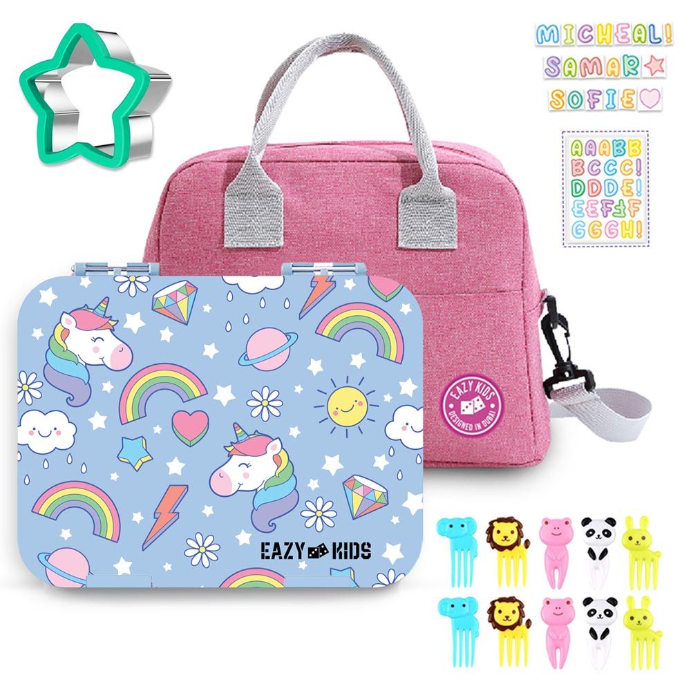 Eazy Kids - 4 Compartment Bento Lunch Box w/ Lunch Bag - Unicorn Pink