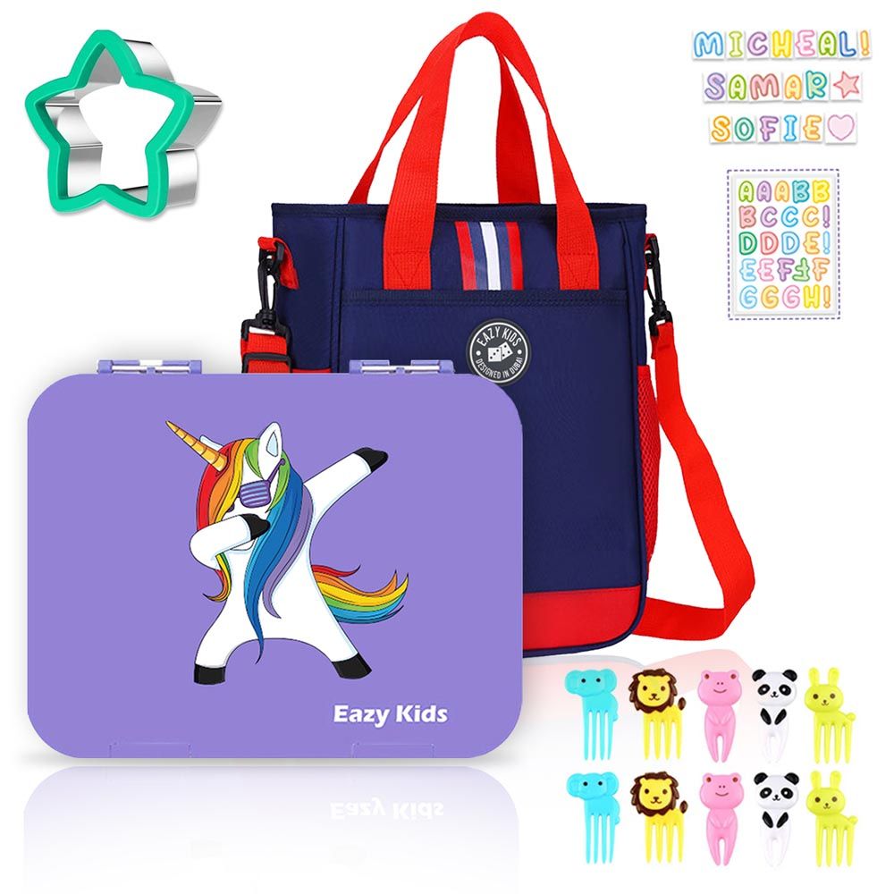 Eazy Kids - 6 Compartment Bento Box w/ Lunch Bag - Unicorn Blue