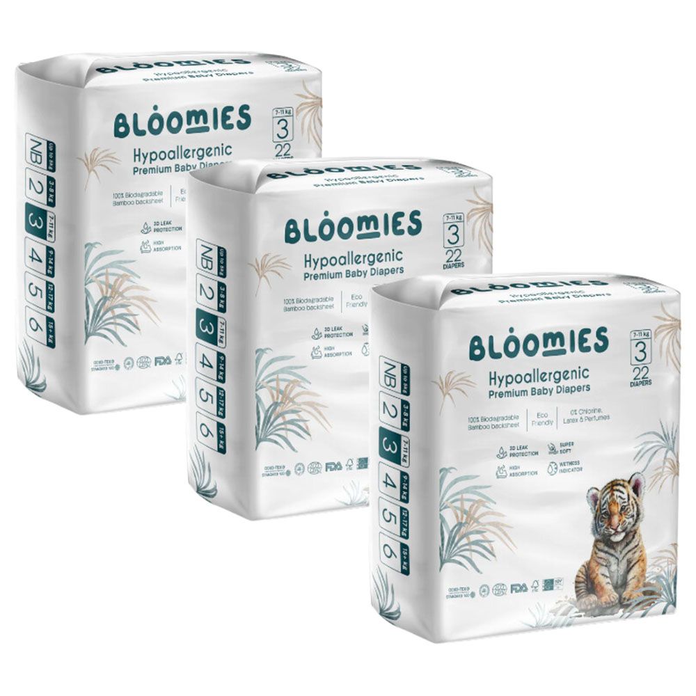 Bloomies - Bamboo Baby Diapers - 7-11 kg - Size 3 - Pack of 3 - 66pcs