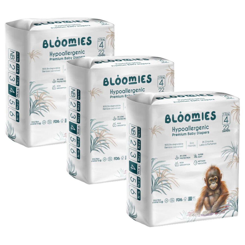 Bloomies - Bamboo Baby Diapers - 9-14 kg - Size 4 - Pack of 3 - 66pcs