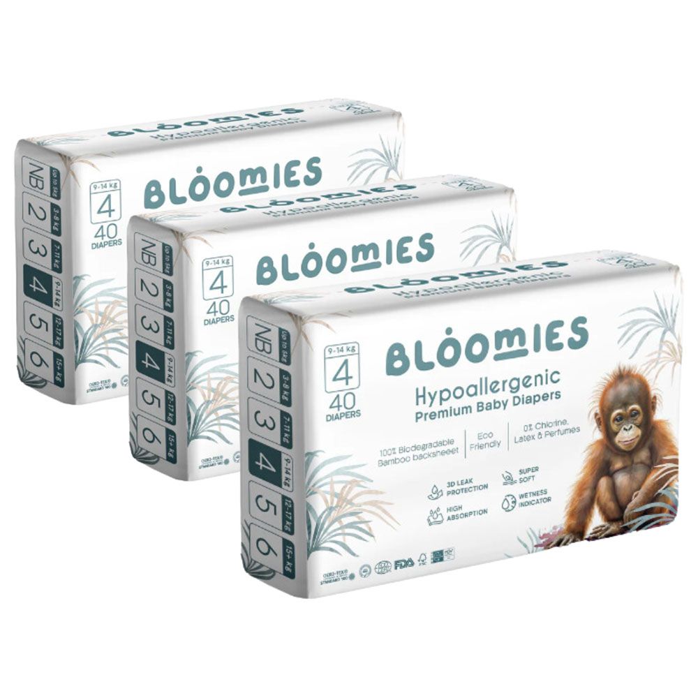 Bloomies - Bamboo Baby Diapers - 9-14 kg - Size 4 - Pack of 3 - 120pcs