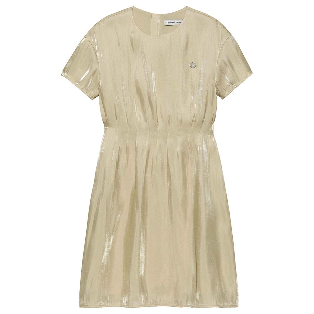 Calvin Klein - Cap Metallic Pleated Short Sleeve Dress - Frosted Almond