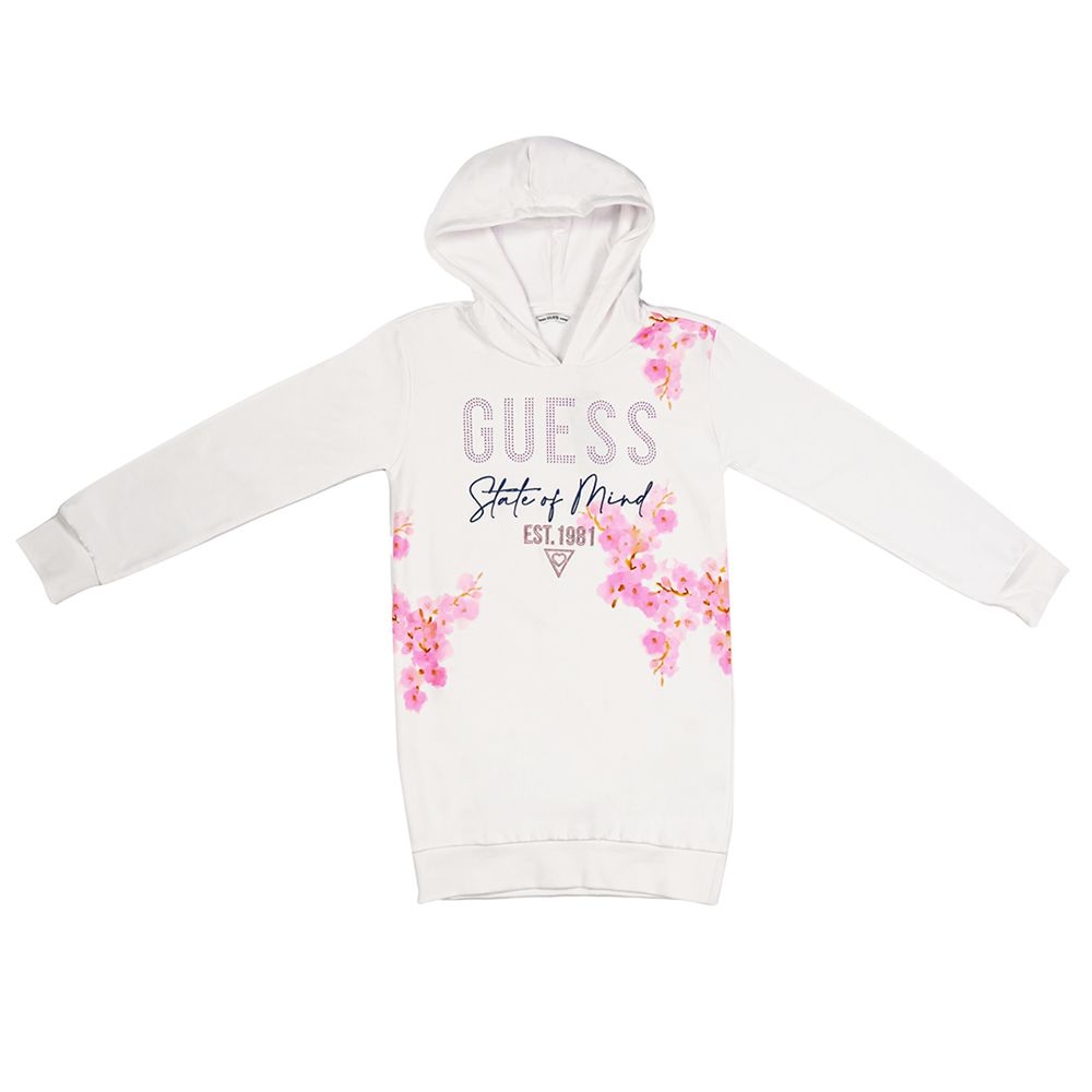 Guess - Girl's Hooded Terry Long Sleeve Sweatshirt Dress - White