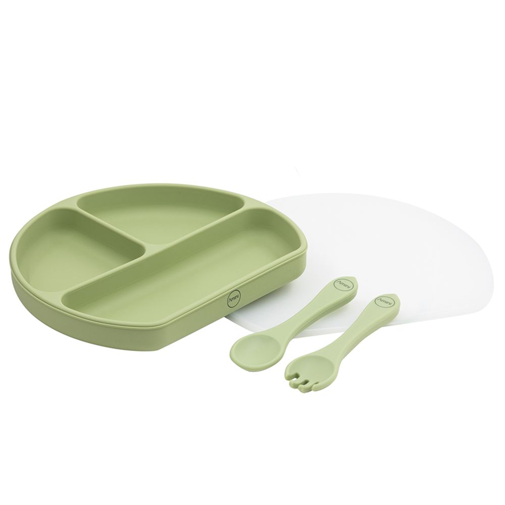 A'ish Home - Covered Grip Plate w/ Spoon & Fork - Olive Green