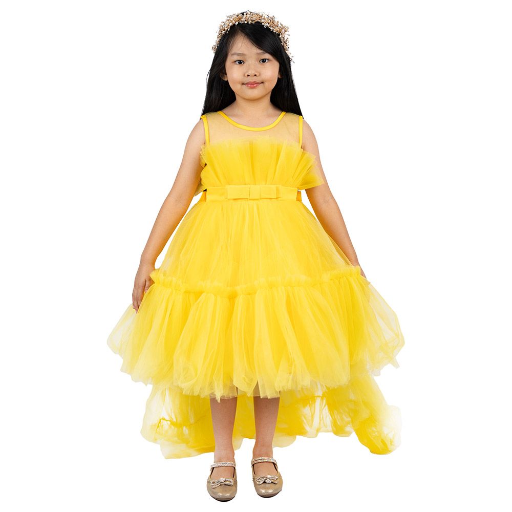 D' Daniela - Toddler Girls Bow Front Dress w/ Long Tail - Yellow