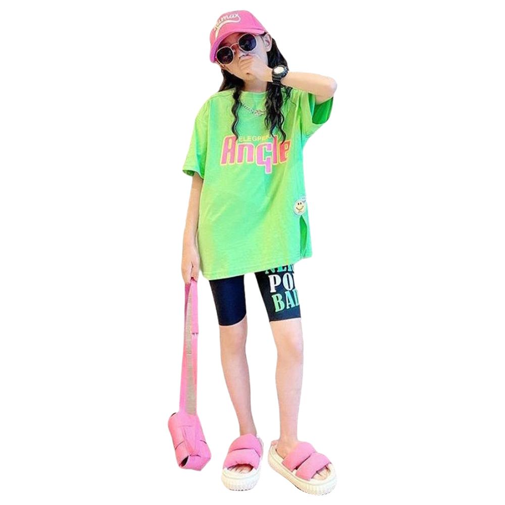 Mei Stylish - 2pc-Set - Oversized T-Shirt And Tights - Green