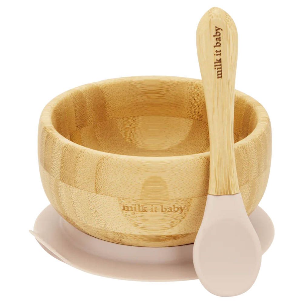 Milk It Baby - Bamboo Suction Bowl And Spoon Set - Dusty Pink