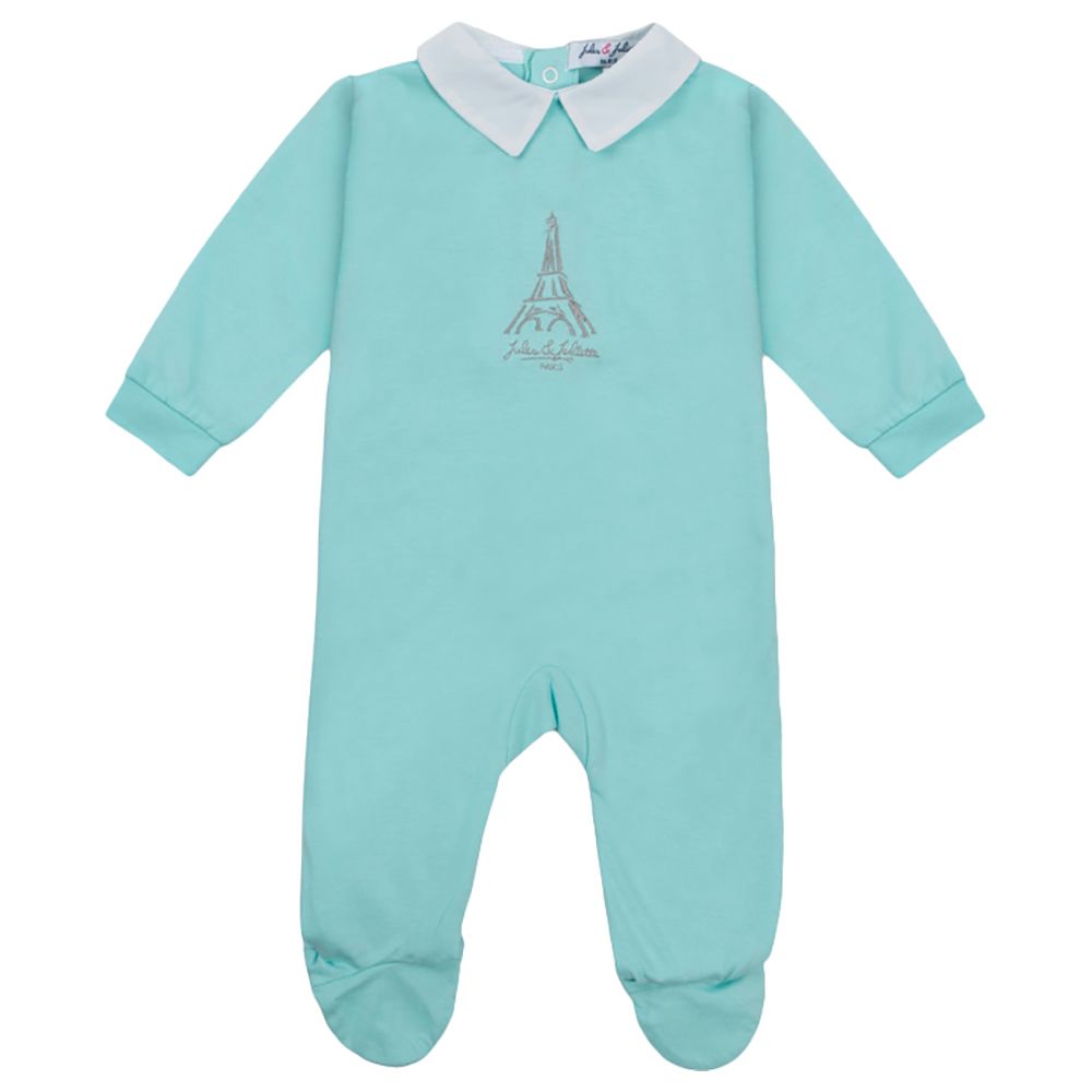 Jules & Juliette - Paris Baby Embroidered Footed Sleepsuit - Turquoise