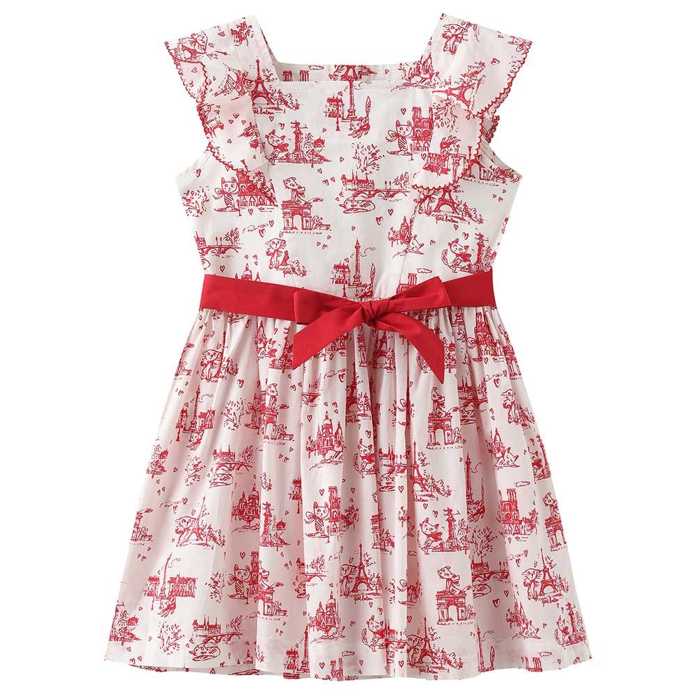 Petit Bateau - Girl's Sleeveless Paris Theme Printed Dress - White/Red