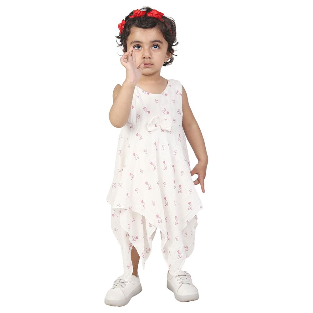 Prokids - Baby Girl's Heart Print Muslin Frock - White