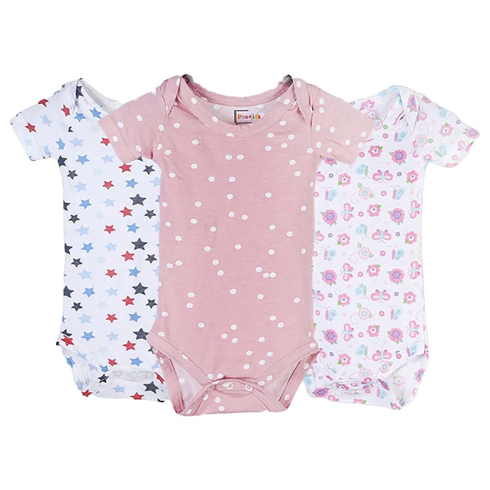 Prokids - 3pc-Set - Short Sleeves Baby Bodysuits - Pink/White