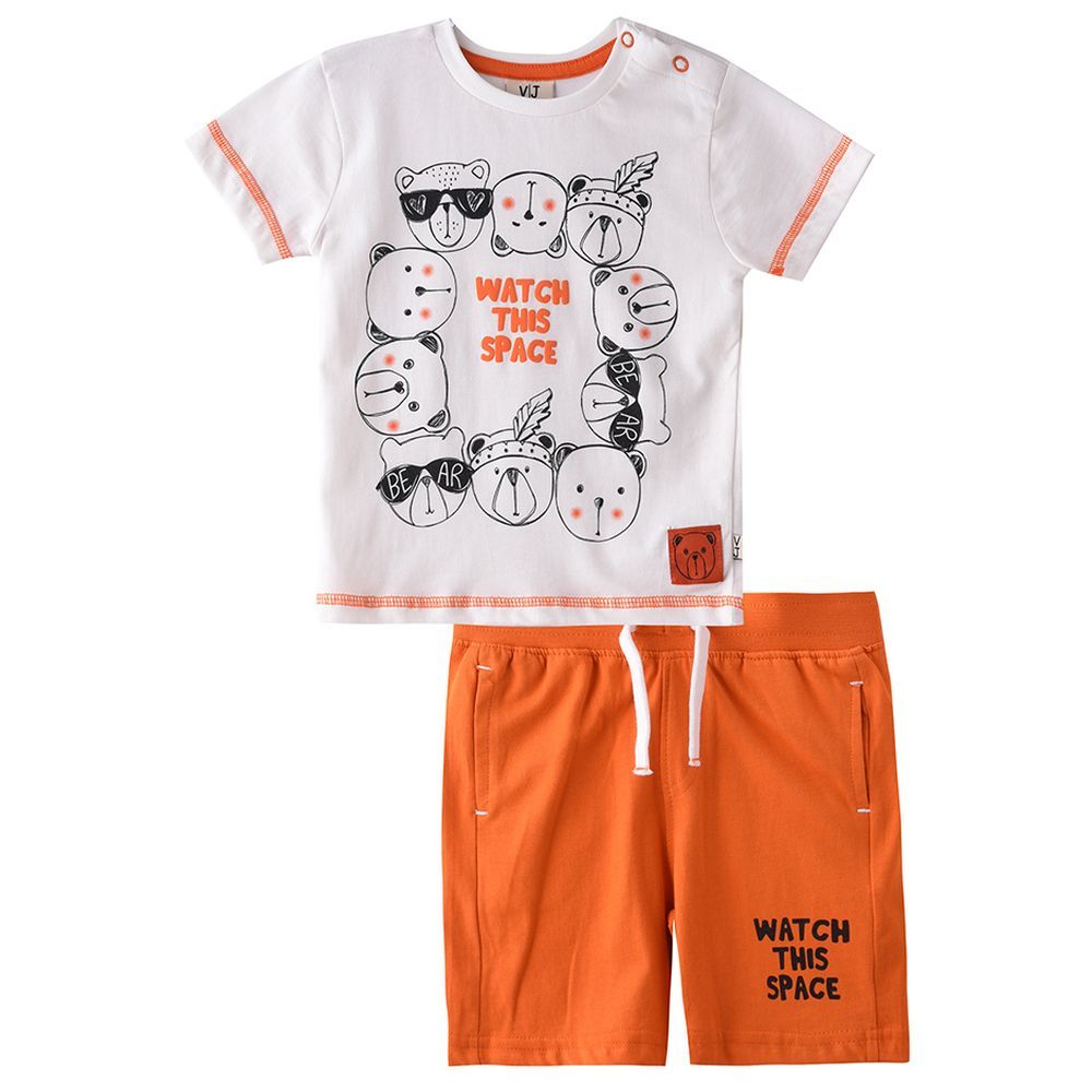 Victor and Jane - 2pc-Set - Baby Boy Watch This Space T-Shirt & Shorts Set - Ivory/Dark Orange