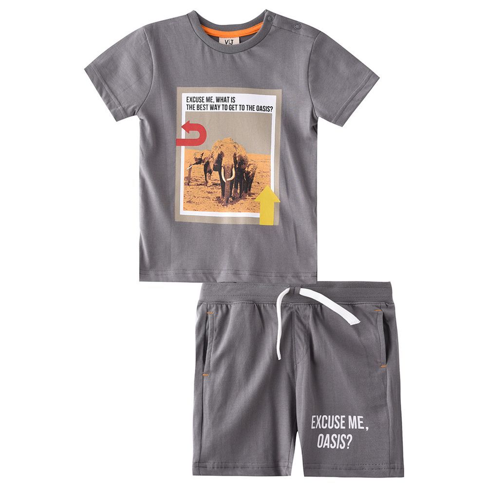 Victor and Jane - 2pc-Set - Baby Boy Elephants Printed T-Shirt & Shorts Set - Grey