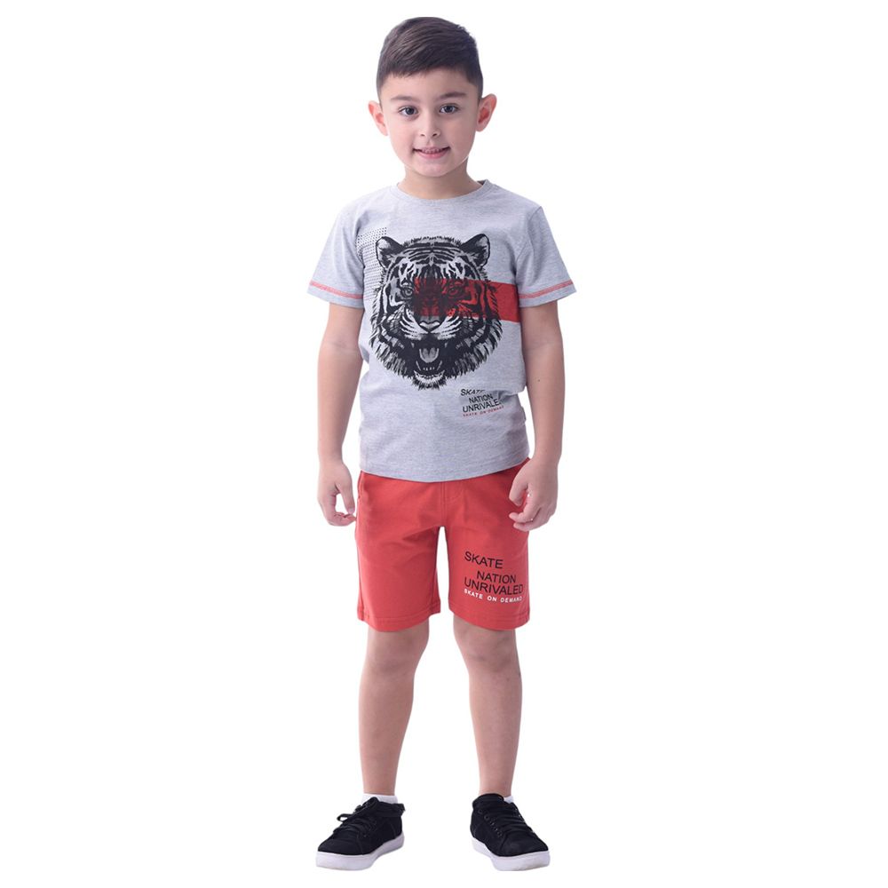 Victor and Jane - 2pc-Set - Boy's Cotton T-Shirt and Shorts - Grey/Rust