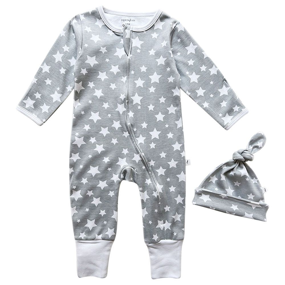 Impressions - Snuggly Stars Romper Beanie Set - Grey