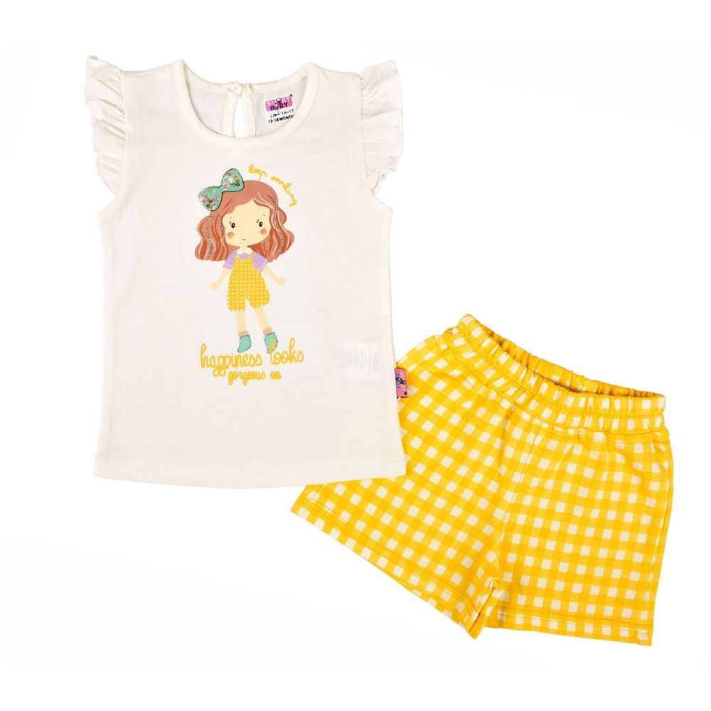 Smart Baby - 2pc-Set - Cotton Top & Knit Shorts - White/Yellow