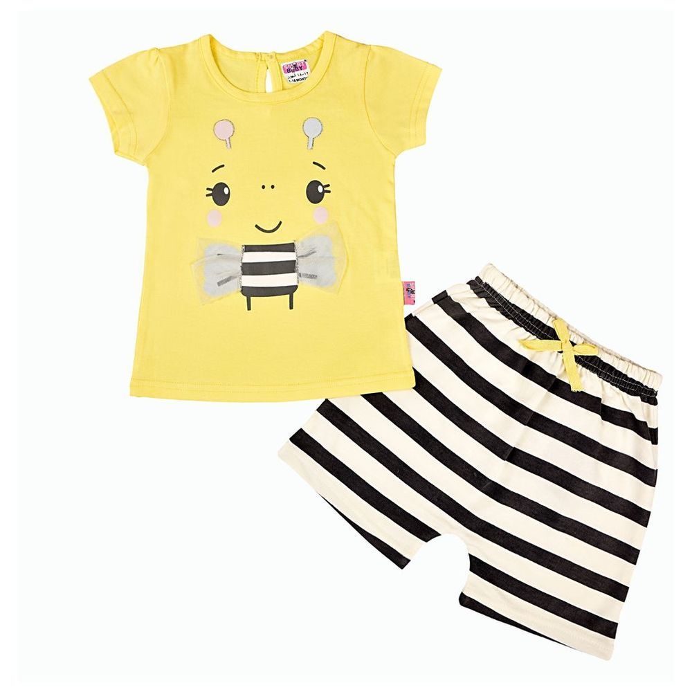 Smart Baby - 2pc-Set - Cotton Top & Knit Shorts - Yellow/Blue