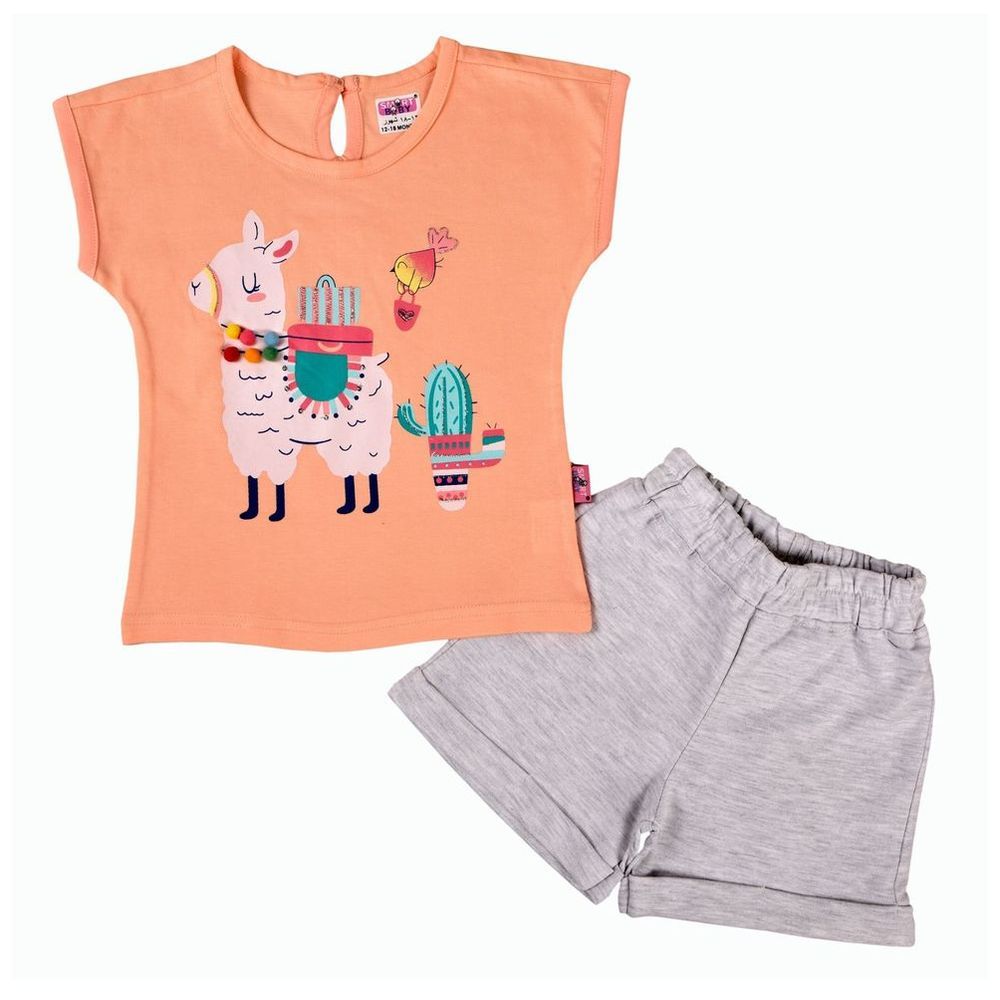 Smart Baby - 2pc-Set - Cotton Top & Knit Shorts - Coral/Grey