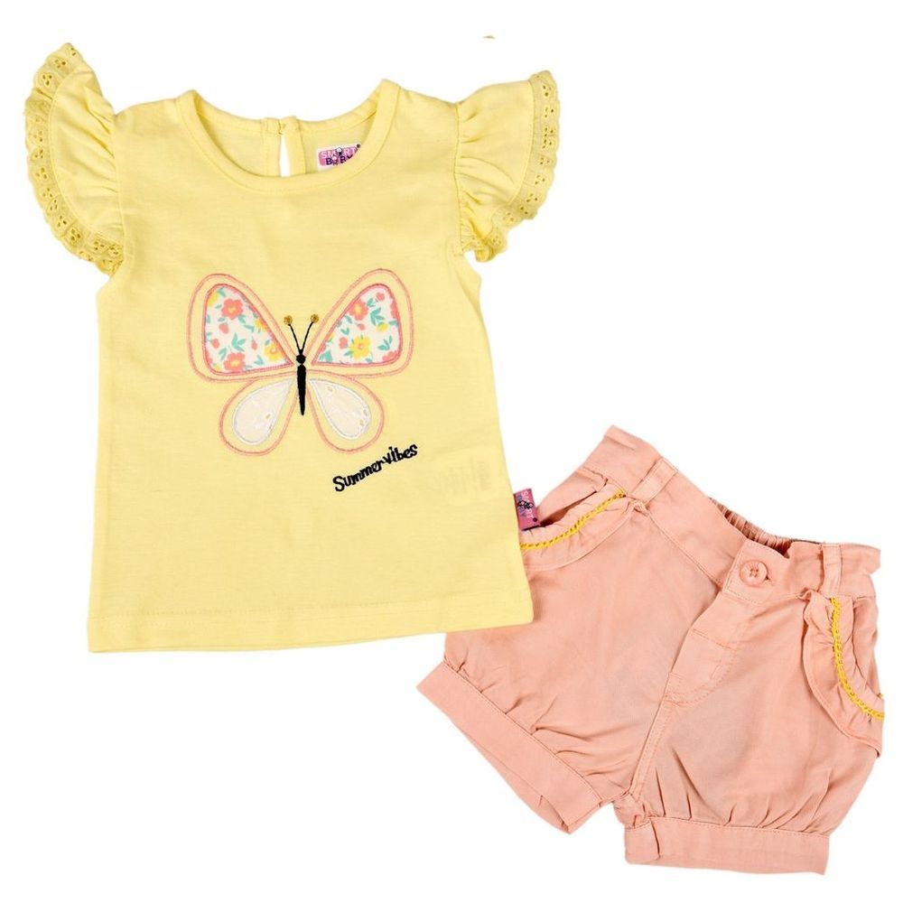 Smart Baby - 2pc-Set - Cotton Top & Woven Shorts - Yellow/Pink