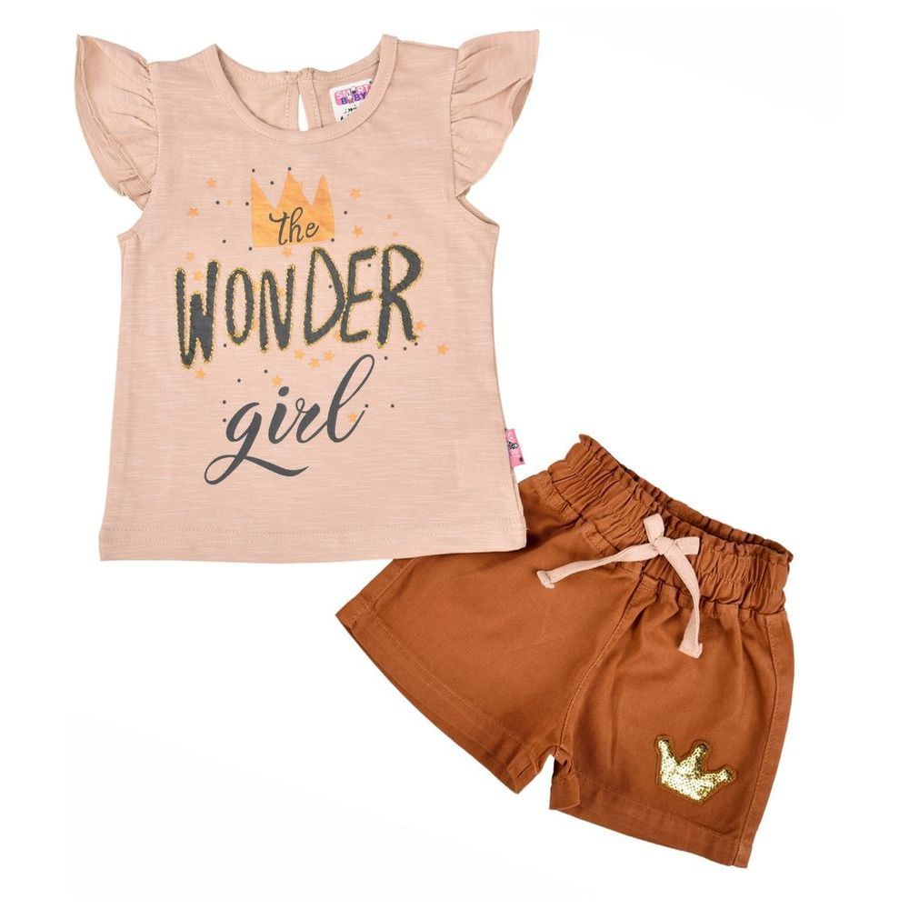 Smart Baby - 2pc-Set - Cotton Top & Woven Shorts - Brown