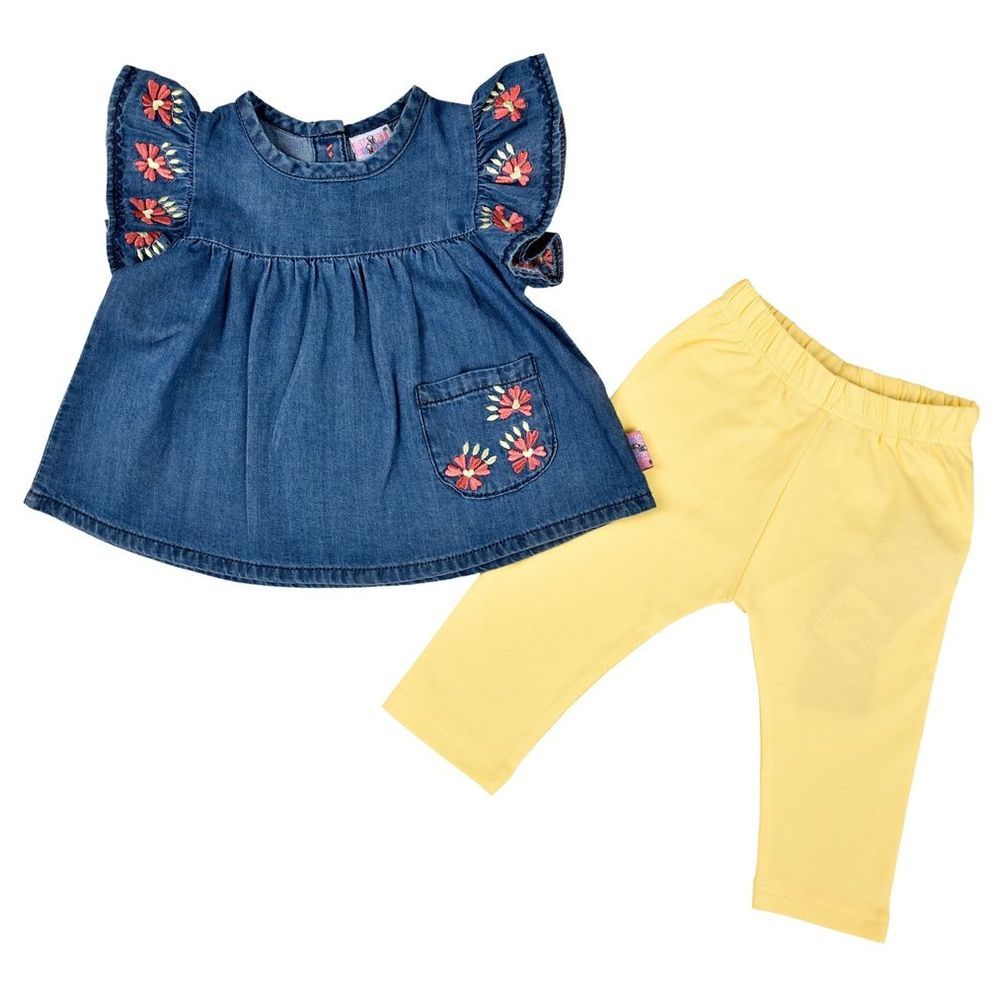 Smart Baby - 2pc-Set - Round Neck Dress & Leggings - Blue/Yellow