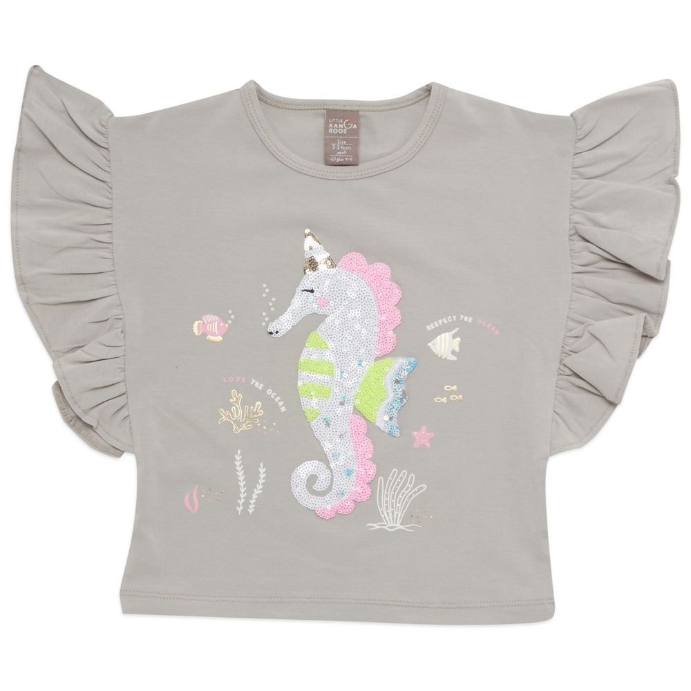 Little Kangaroos - Girl Sequins Sea Horse Top - Grey