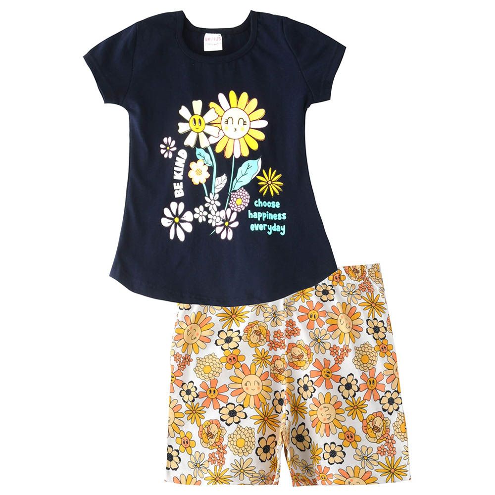 Genius - 2pc-set - Girl Half sleeves T-shirt and Shorts - Navy