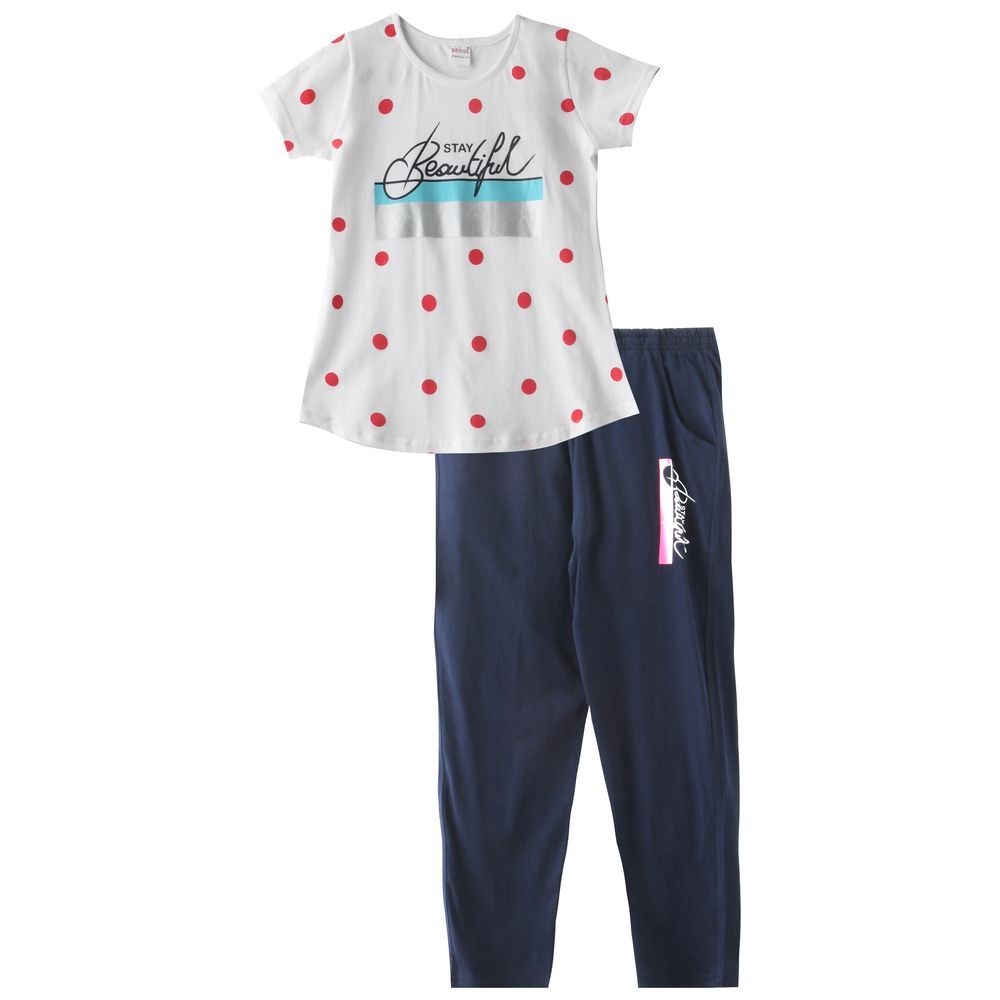 Genius - 2pc-Set - Girl Printed Top & Pants - White/Navy