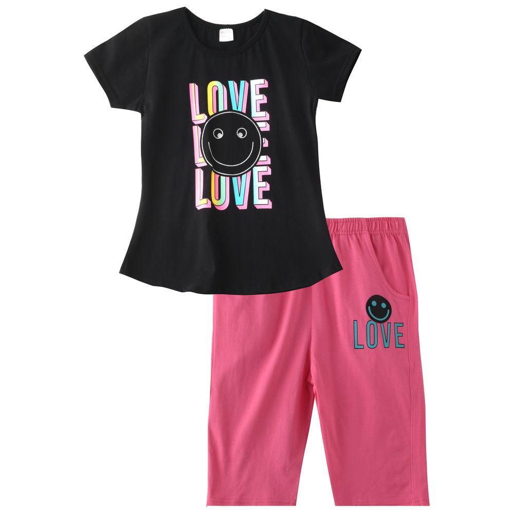 Genius - 2pc-Set - Girl Half Sleeves T-Shirt & Capri - Black/Pink