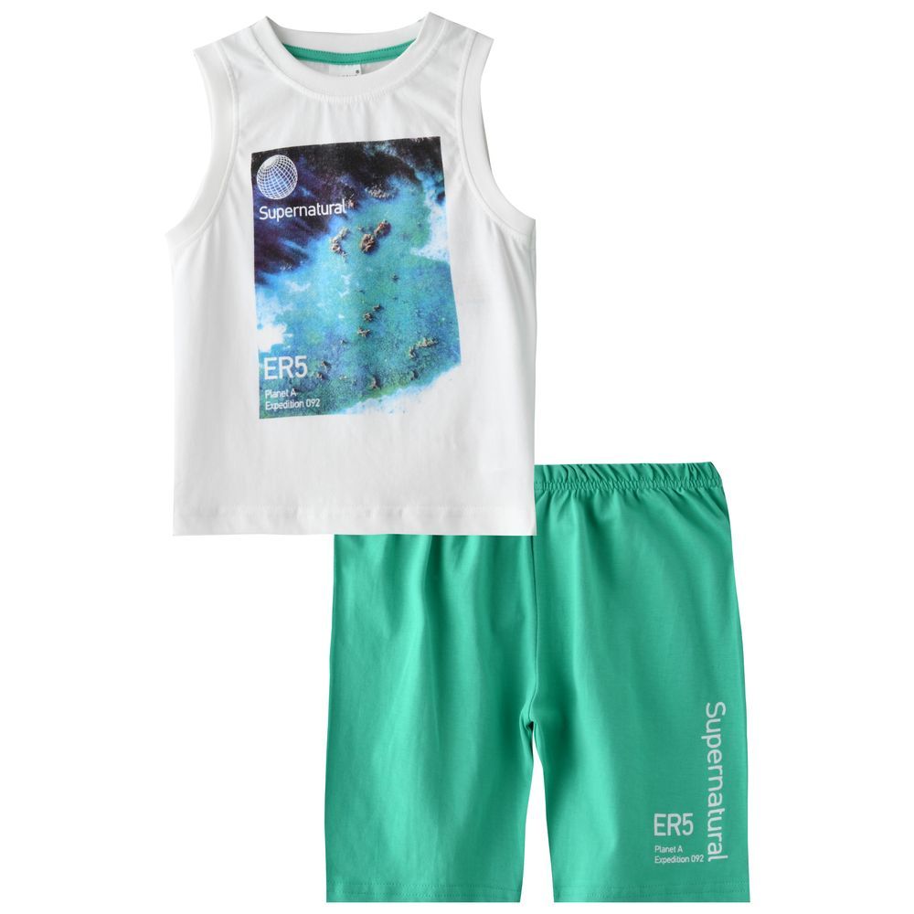 Genius - 2pc-Set - Boy Sleeveless T-Shirt & Bermuda - White/Green