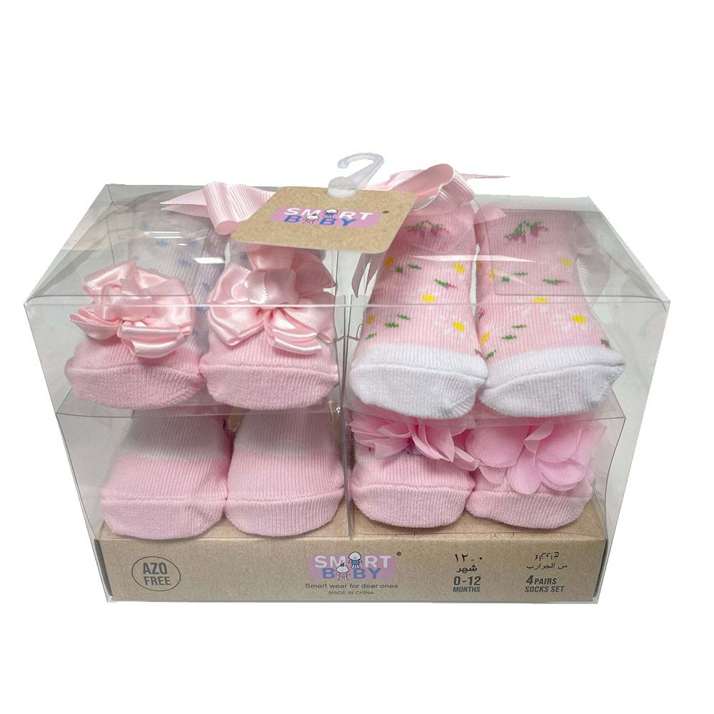 Smart Baby - 4pc-Set - Baby Girl Socks - Pink/White