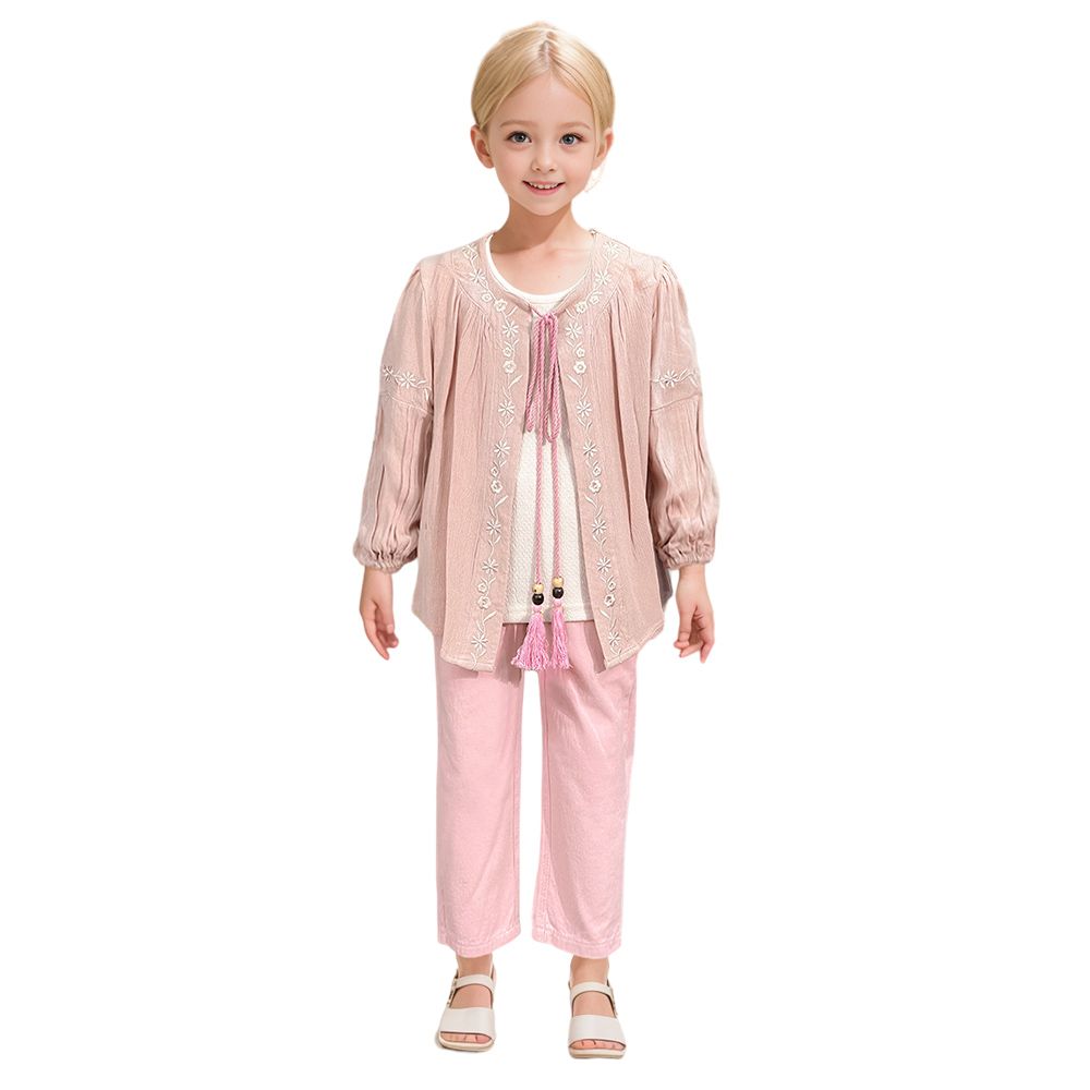 Le Crystal - 3pc-Set - Girl's Round Neck Top w/ Jacket & Pant - Beige/Pink