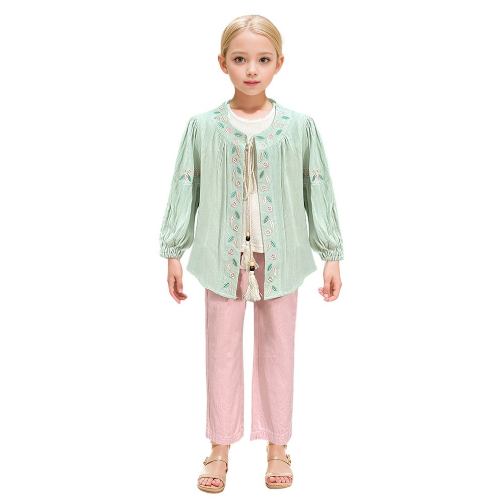 Le Crystal - 3pc-Set - Girl's Round Neck Top w/ Jacket & Pant - Beige/Green