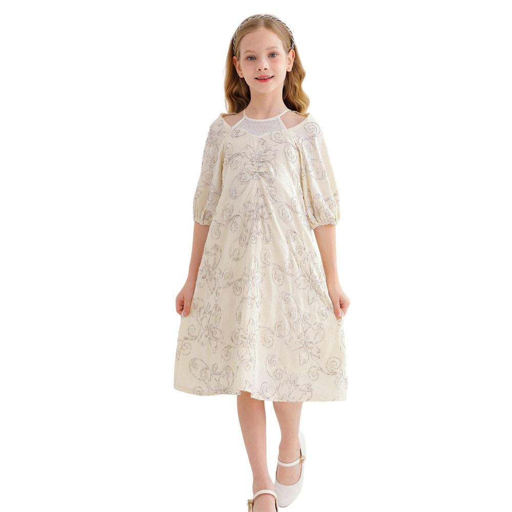 Le Crystal - Girl's V Shape Neck Half Sleeve Party Dress - Beige