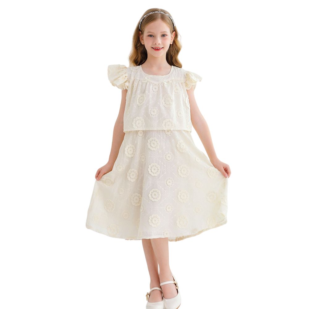 Le Crystal - Girl's Round Neck Flare Sleeve Party Dress - Beige