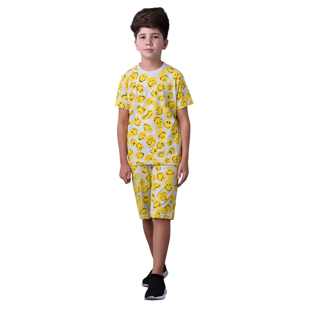 Emoji - 2pc-set - Boy Smiley Printed T-Shirt w/ Shorts - Grey Melange