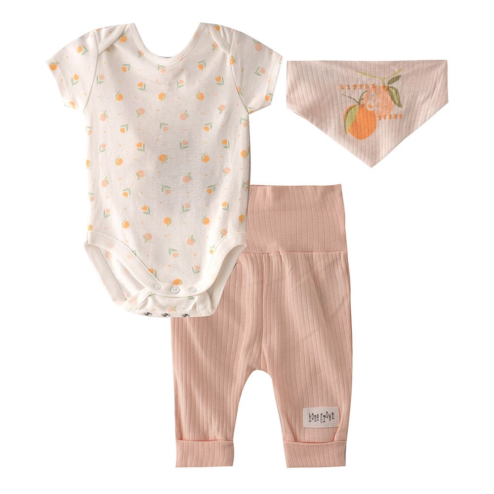 Home Grown - 3pc-Set - Bodysuit, Joggers w/ Bibs - White/Peach