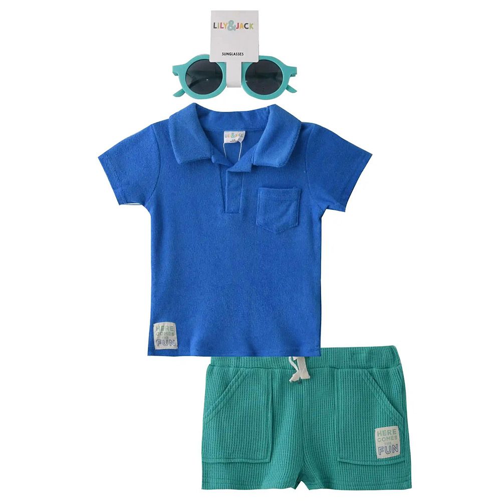 Lily & Jack - 3pc-Set - Collar Neck T-Shirt, Shorts And Sunglasses - Blue/Green