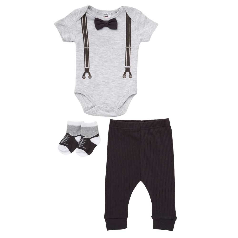 Lily & Jack - 3pc-Set - Baby Boy Bodysuit, Pants w/ Socks - Grey/Black