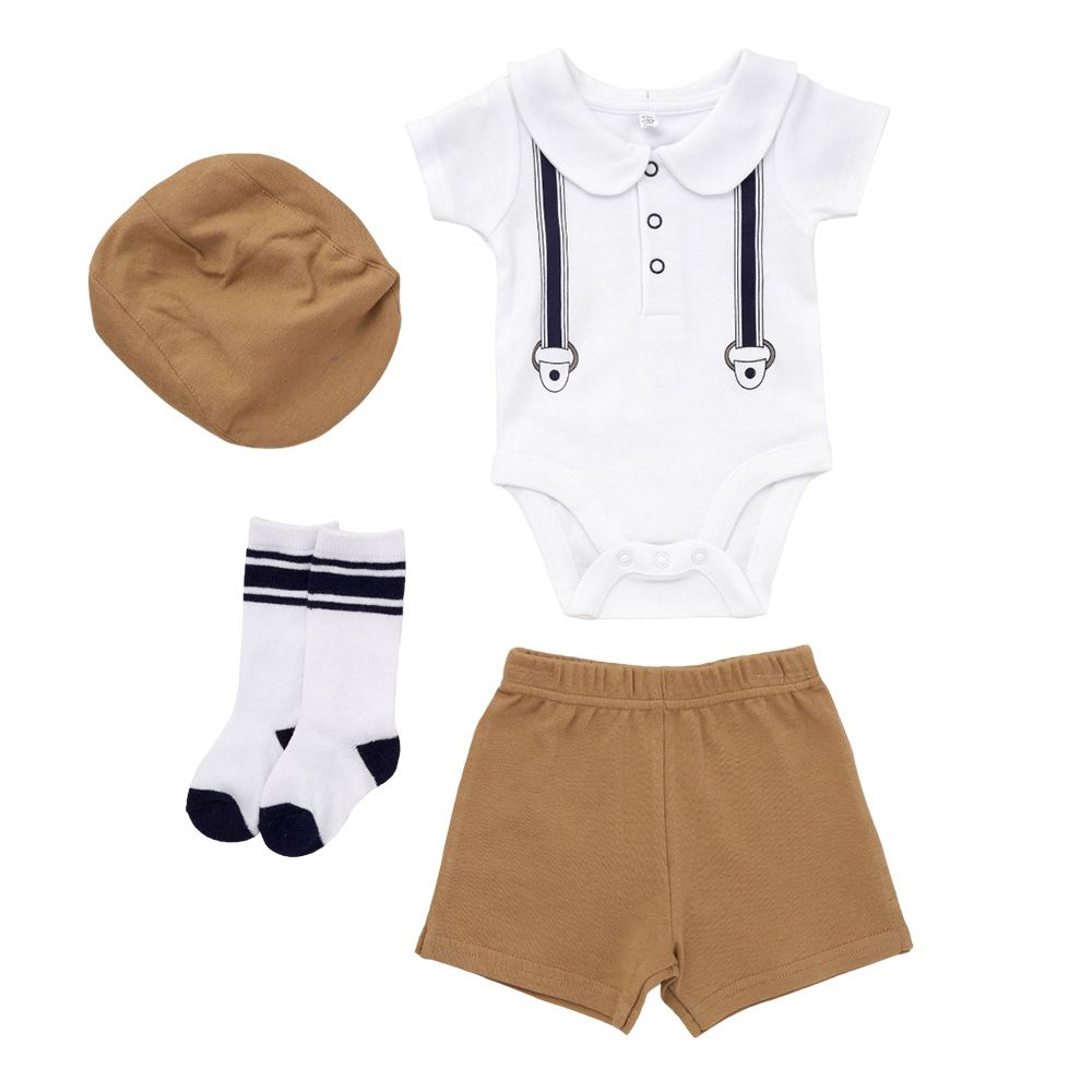 Lily & Jack - 4pc-Set - Bodysuit, Shorts, Cap w/ Socks - Brown/White