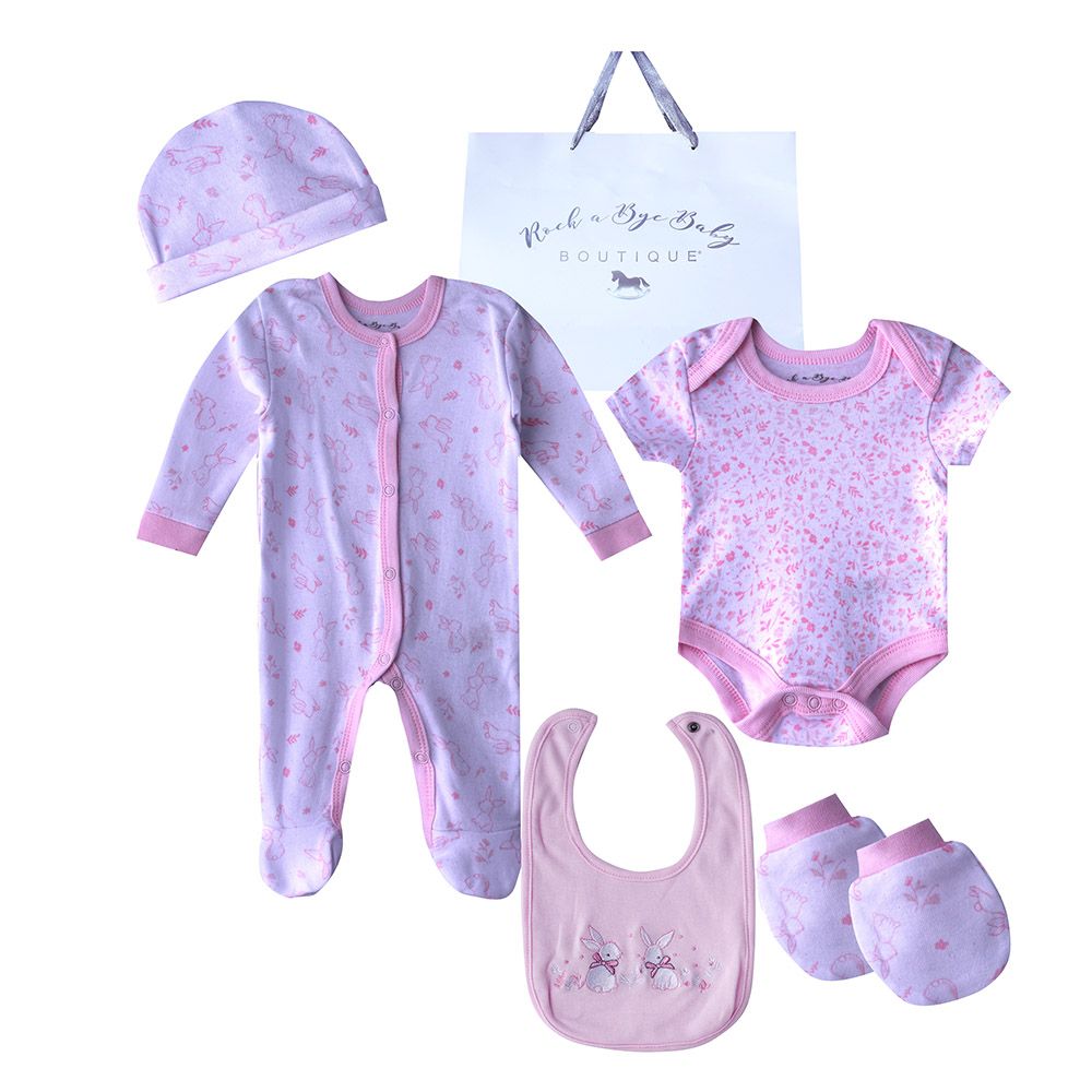 Rock A Bye Baby - 5pc-Set - Baby Girl Bunny Gift Set - White/Pink