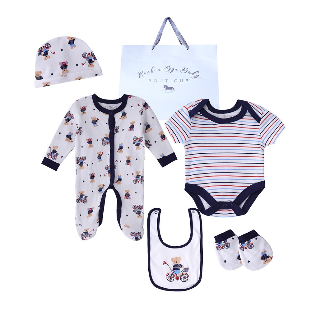 Rock A Bye Baby - 5pc-Set - Unisex Stripes Gift Set - White