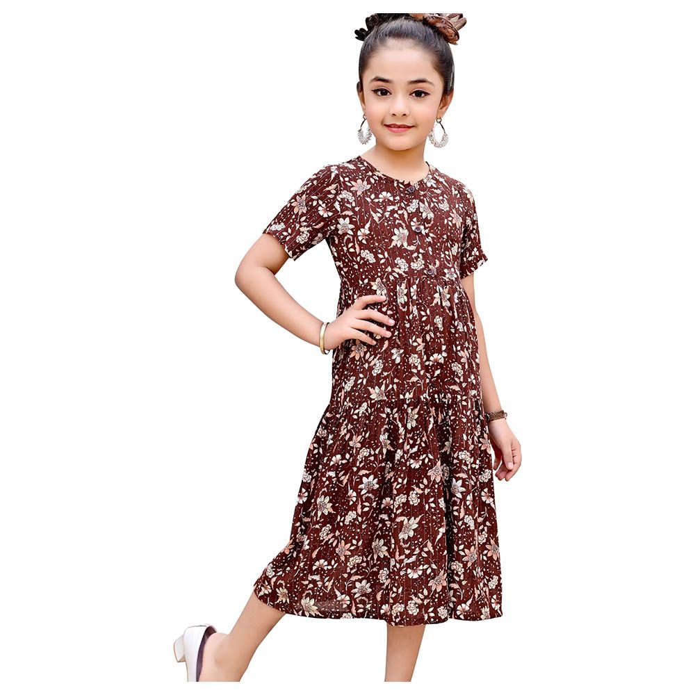 Flower Girl - Girl's Printed Long Dress - Brown