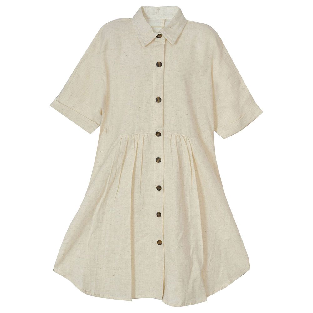 Flower Girl - Girl's Collar Neck Plain Dress - Light Beige